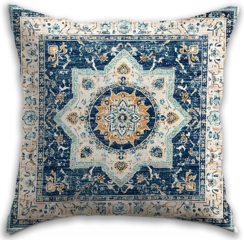RBAFAO Bohemian Pillow Covers | Vintage Floral & Carpet Design | Double Sided Blue White Decorative Pillowcases for Couch, Bed | Indoor Outdoor Boho Home Decor (White&Blue, 18x18inches) - Image 1